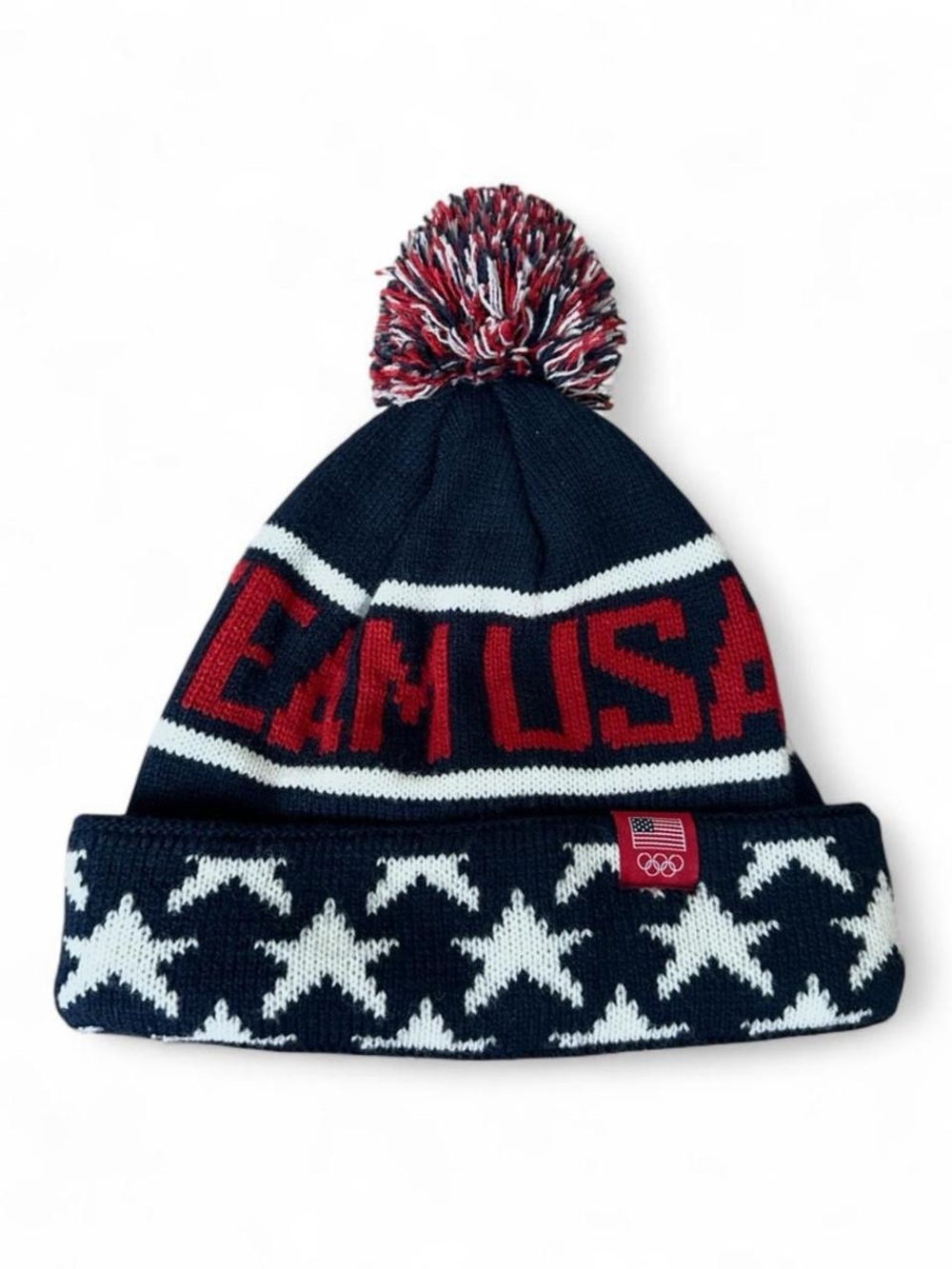 Team USA Winter Olympics Knit Pom Pom Beanie Red White Blue Stars Adult One Size